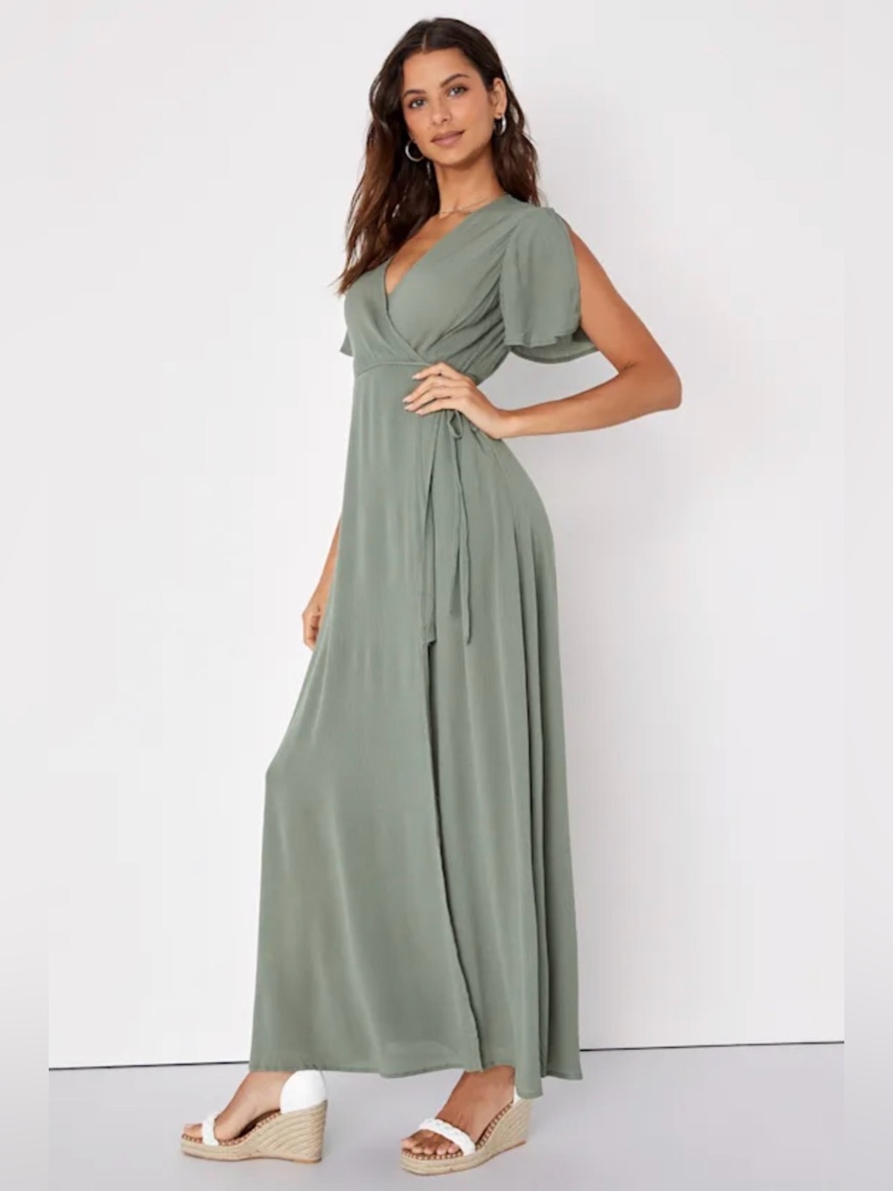Lulus Much Obliged Washed Olive Green Wrap Maxi Dress size large